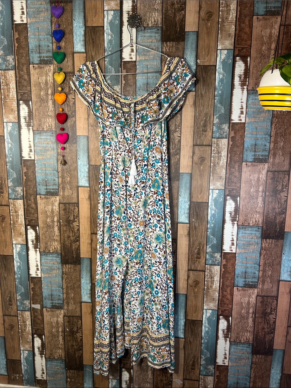 Simplee Apparel Floral Off-Shoulder Maxi Dress in Teal, Cream & Brown
